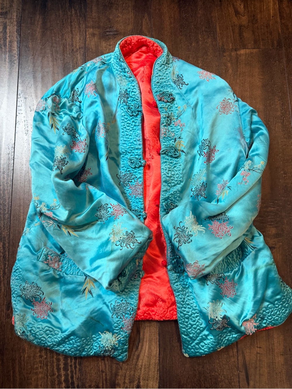 Turquoise Embroidered Satin Reversible Tunic Jacket
